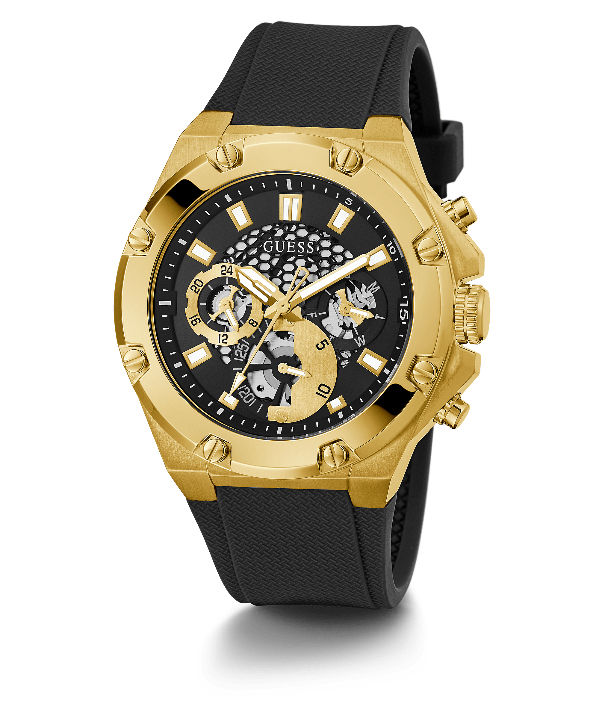 Guess gold tone skeleton watch with black silicone strap, front view
