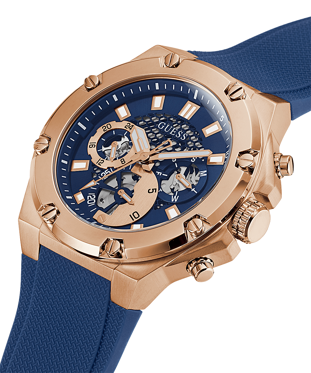 Guess rose gold tone chronograph with blue skeleton dial on blue silicone strap