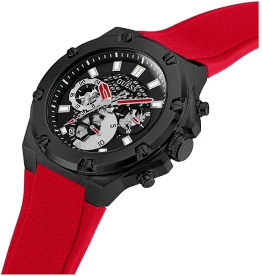 Guess GW0334G4 angled view of chronograph case and red strap