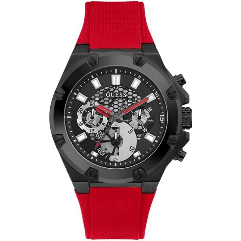 Guess GW0334G4 multifunction black dial chronograph watch with red rubber strap