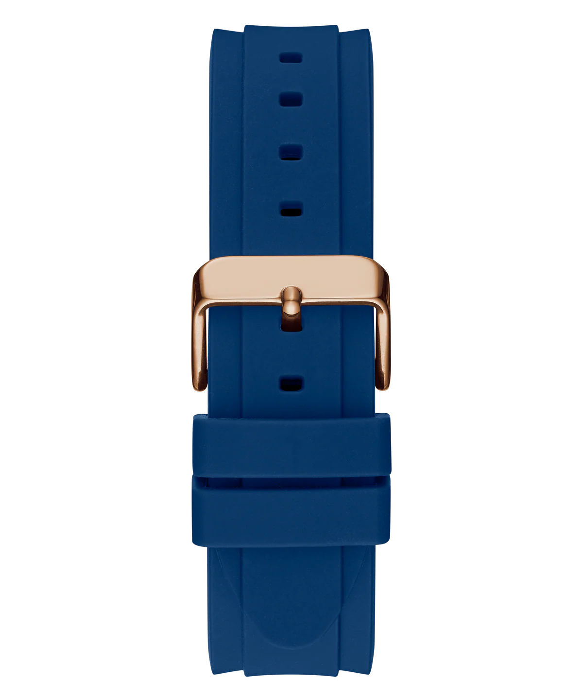 Guess GW0335G2 blue silicone strap with rose gold-tone buckle and attachment hardware