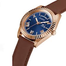 Angled view of Guess GW0353G2 watch with rose gold case and blue Roman numeral dial