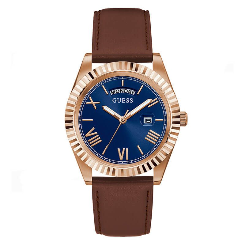 Guess GW0353G2 watch with rose gold case, blue dial with Roman numerals, and brown leather strap