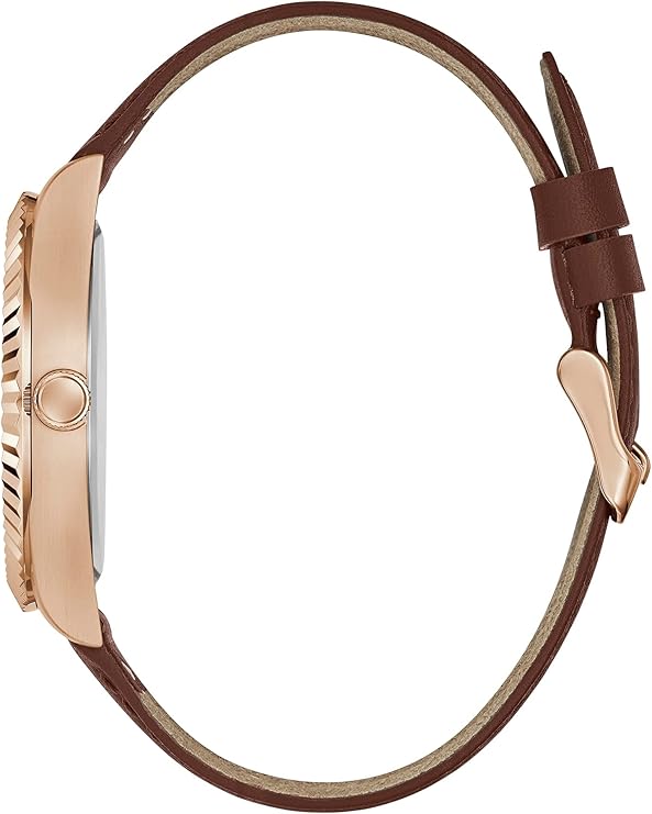 Side view of Guess GW0353G2 watch showing rose gold case profile and brown leather strap