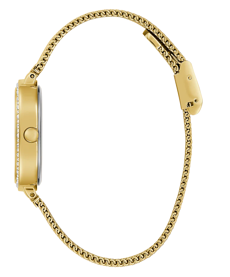 GUESS GW0354L4 side view showing crystal-set bezel and gold mesh bracelet