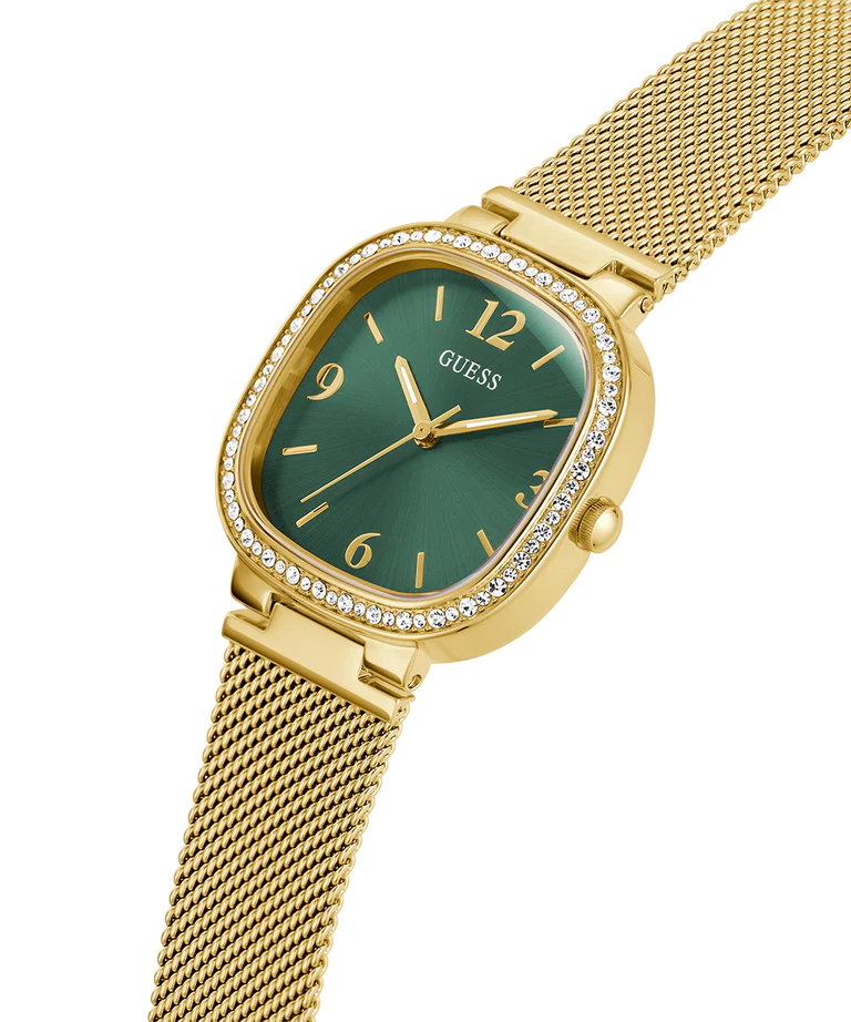 GUESS GW0354L5 gold mesh strap watch shown at angle