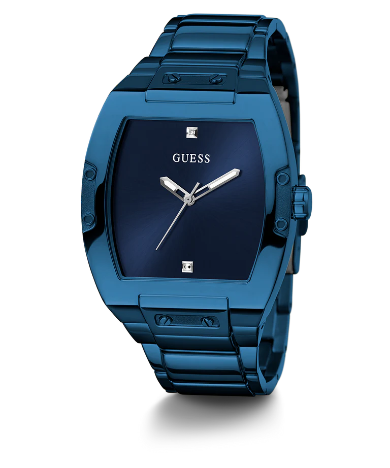 GUESS GW0387G4 blue watch angled view showing rectangular case and metal band