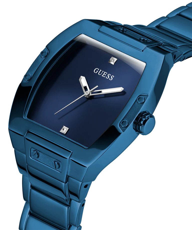 GUESS GW0387G4 blue watch side view displaying case profile and bracelet detail
