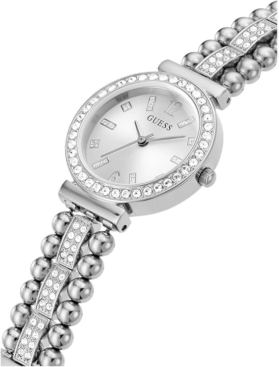 GUESS GW0401L1 angled view showing dial, bezel crystals, and embellished bracelet detail