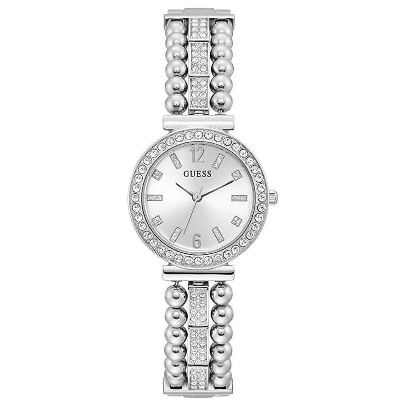 GUESS GW0401L1 silver tone ladies watch with crystal bezel and decorative pearl bracelet strap