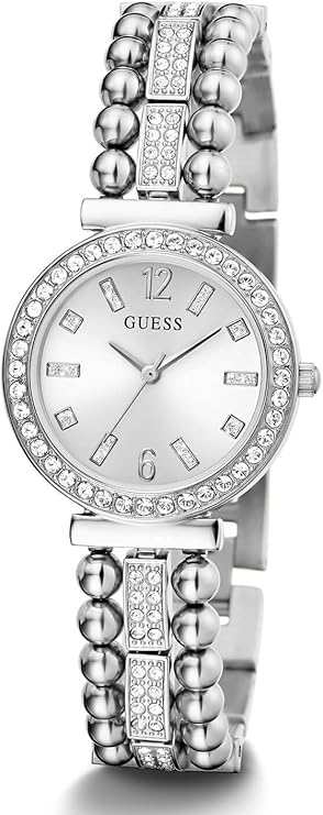 GUESS GW0401L1 side profile view of silver bracelet with pearl and crystal accents