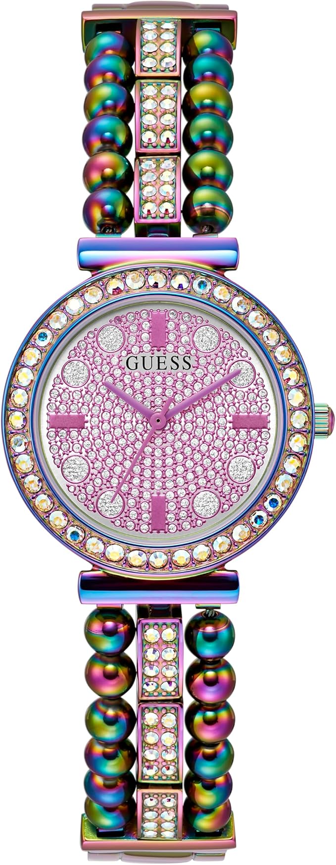 Guess GW0401L4 purple iridescent crystal women's watch with round dial and matching crystal bracelet