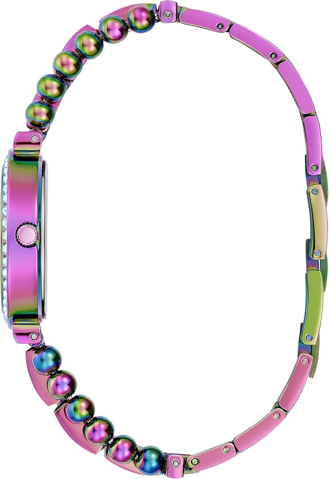 Guess GW0401L4 women's watch on wrist showing purple iridescent crystal strap and bracelet
