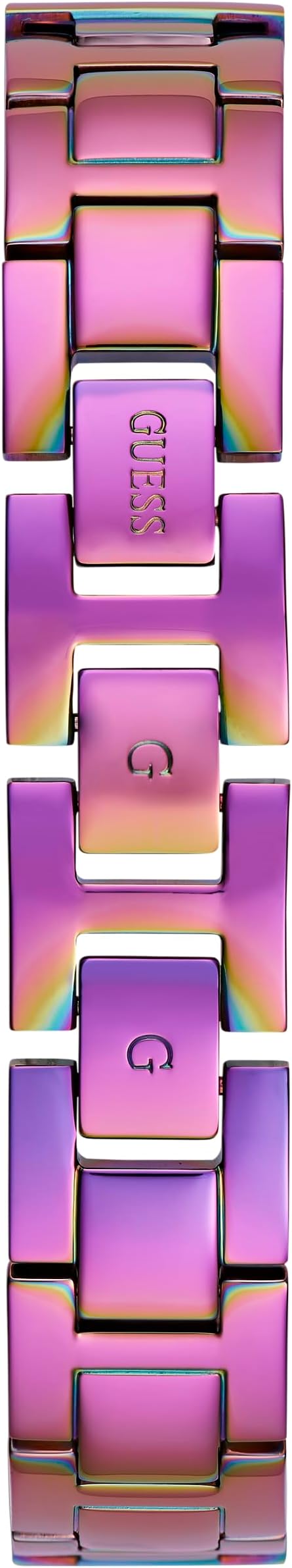 Guess GW0401L4 watch bracelet detail showing purple iridescent crystals and metallic links