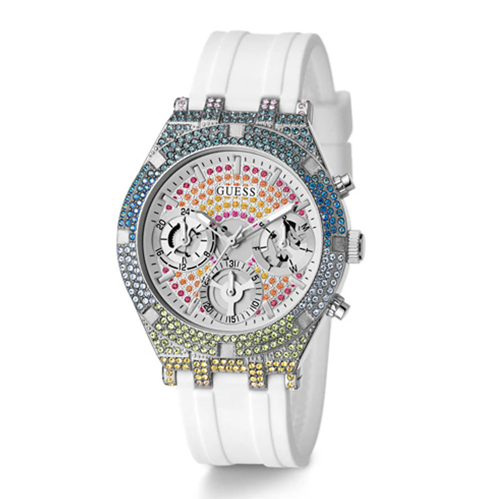 Angled view of Guess GW0407L4 with multicolor crystal bezel and white rubber strap