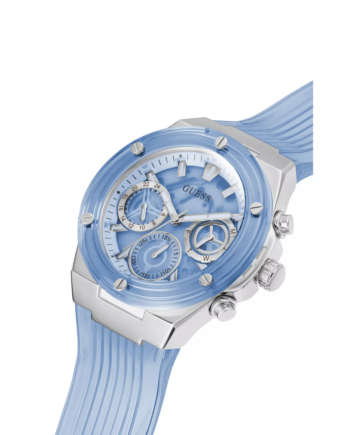 Guess GW0409L1 watch side view showing blue silicone strap and chronograph pushers