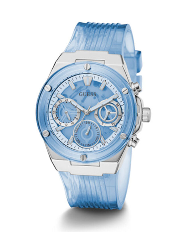 Guess GW0409L1 chronograph watch with blue silicone strap and silver stainless steel case
