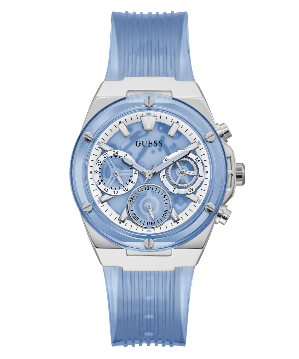 Guess GW0409L1 women's watch with blue silicone strap, silver case and multi-dial chronograph dial