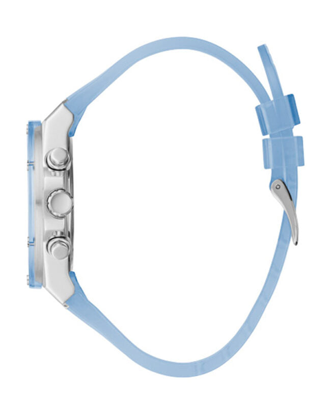 Guess GW0409L1 watch side profile showing silver case, blue silicone strap and pushers