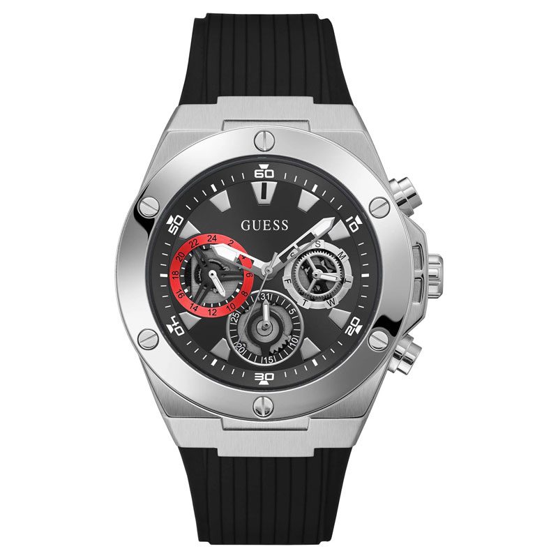 Guess multifunction watch with grey dial, chronograph subdials and red accent, silver case and black silicone strap