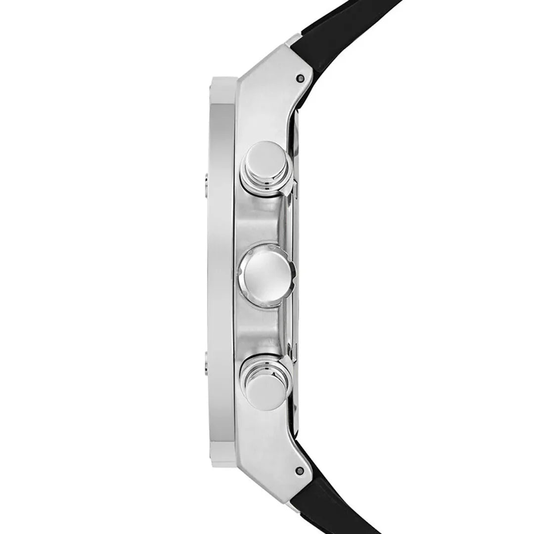 Side profile of Guess GW0417G3 watch showing silver stainless steel case and black silicone strap