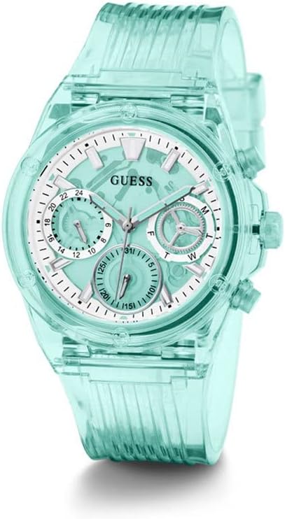 Guess turquoise multifunction women's watch GW0438L1 angled view showcasing case and chronograph dials