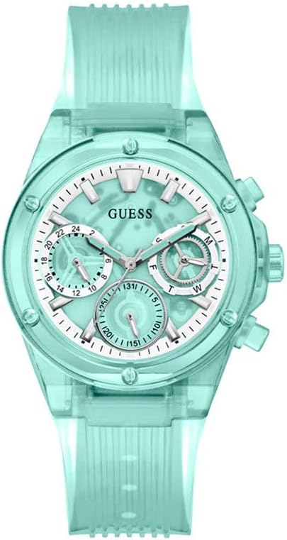 Guess turquoise multifunction women's watch with chronograph subdials and turquoise silicone strap