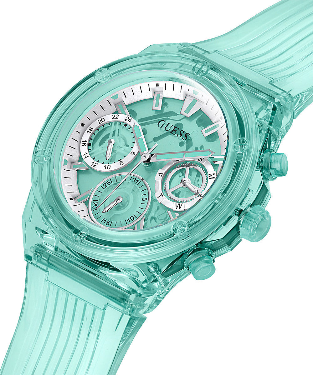 Guess turquoise multifunction watch GW0438L1 worn on wrist, angled view