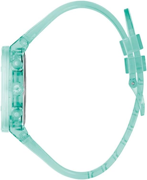 Guess GW0438L1 turquoise watch shown from side profile with silicone strap visible