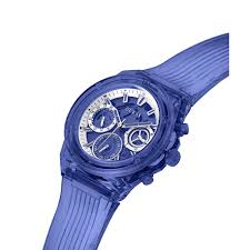 Guess Sport women's watch angled view showing blue case and rubber strap