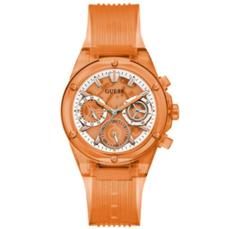 Guess orange multi-function chronograph ladies watch with orange rubber strap