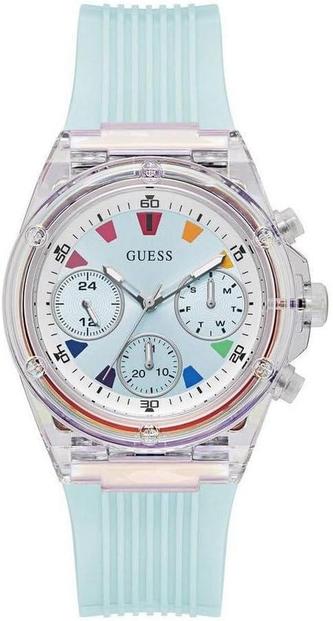 Guess transparent chronograph watch with light blue silicone strap and multicolor subdials