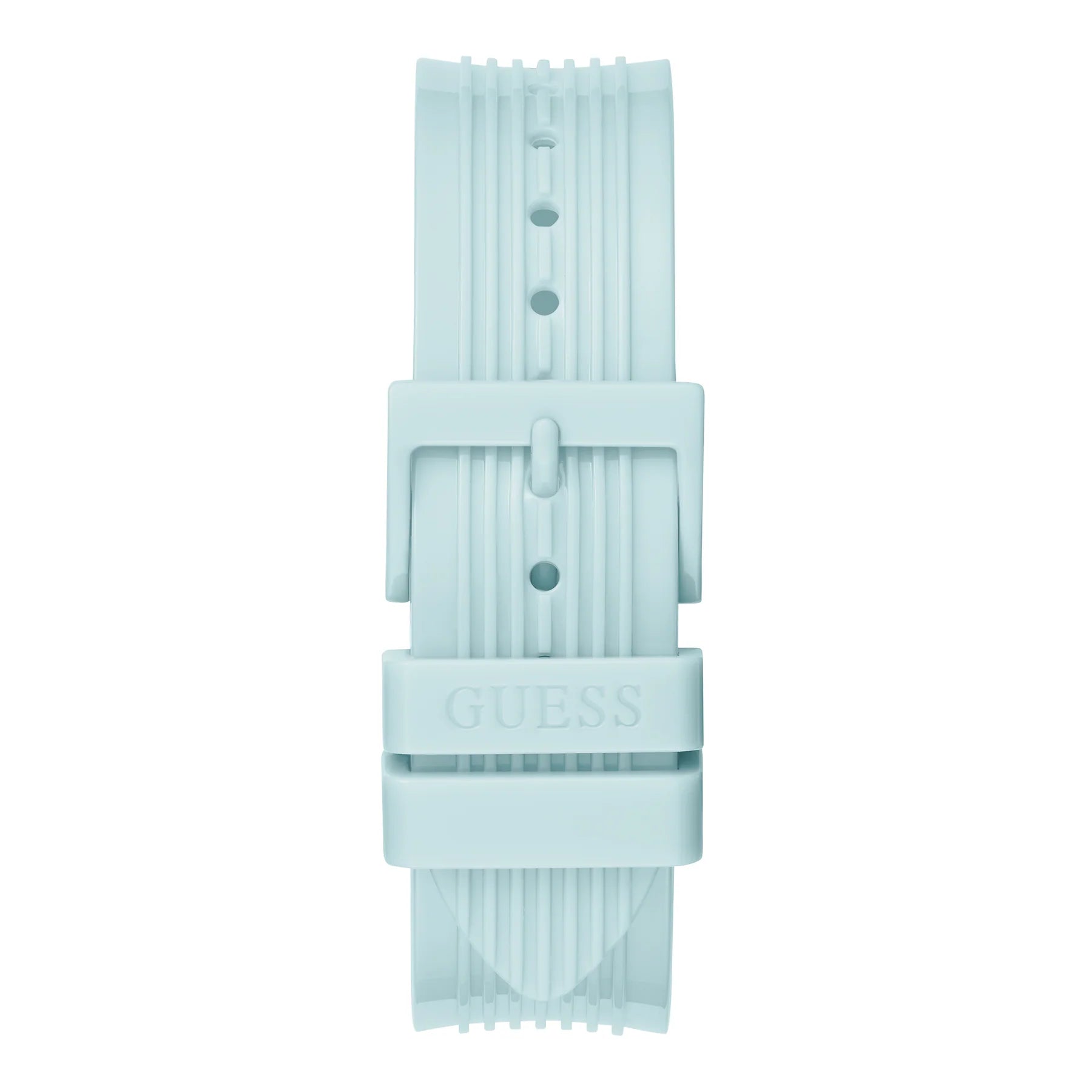 Light blue ribbed silicone strap with Guess branding and pin buckle clasp