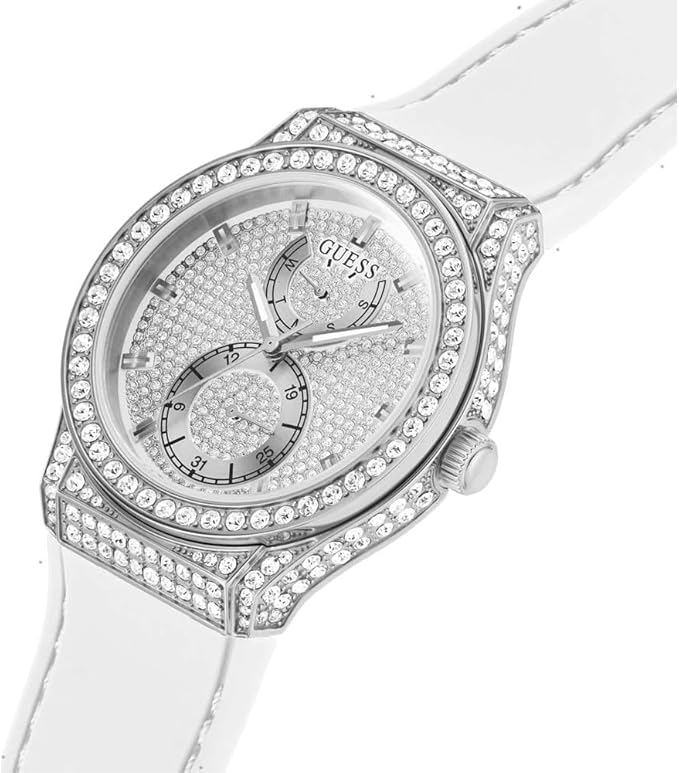 Three-quarter angle view of Princess multi-function watch with dual subdials and white strap