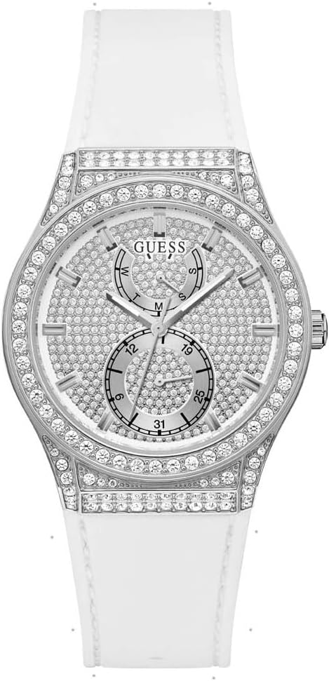 Guess Princess multi-function womens watch with crystal-studded case and white strap