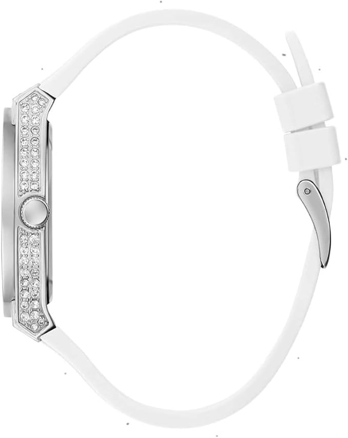 Side profile view showing crystal-studded case with white strap