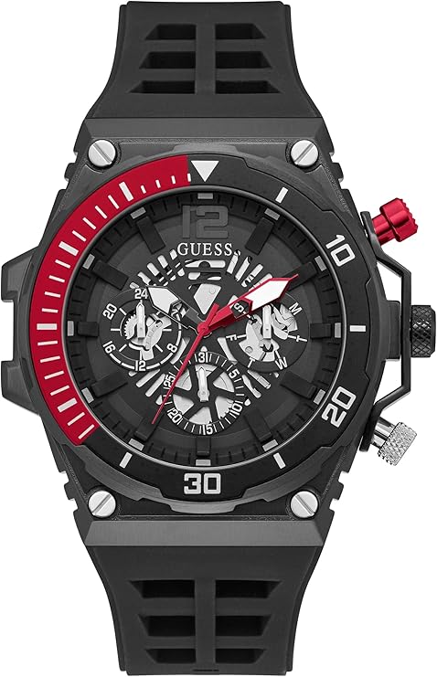 Guess multifunction watch with black dial, red bezel, and silicone strap