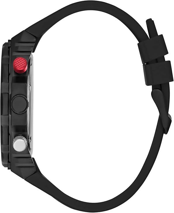 Guess watch side view showing black silicone strap and red chronograph pushers