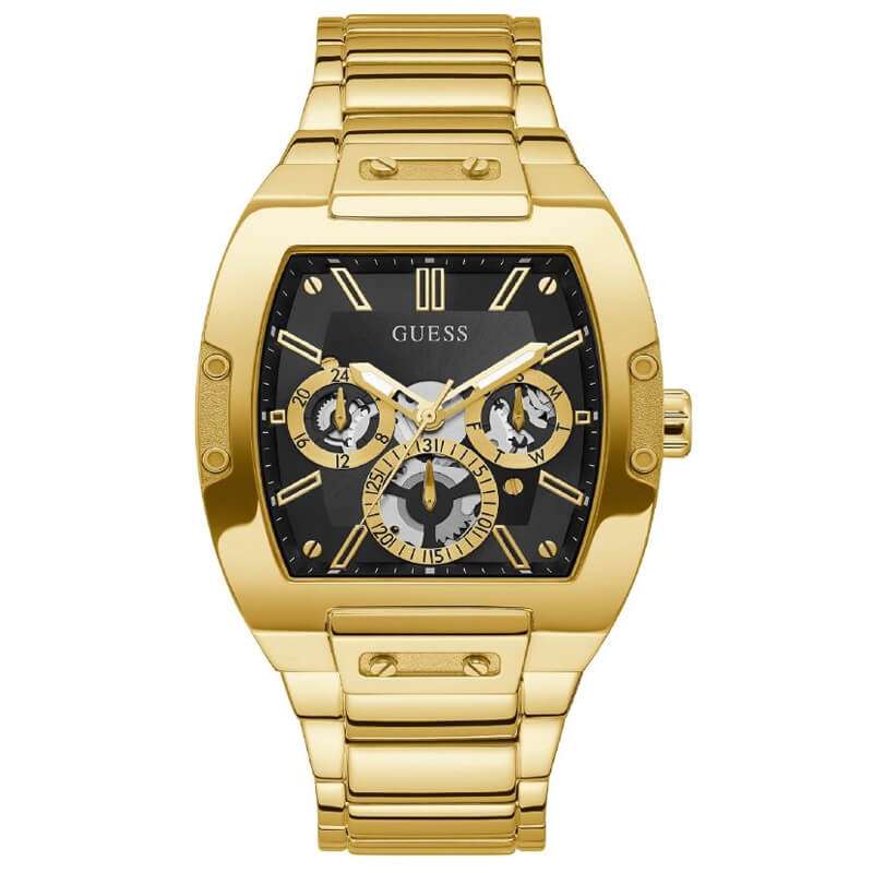 Guess gold tone men's watch with black dial and multi-function chronograph