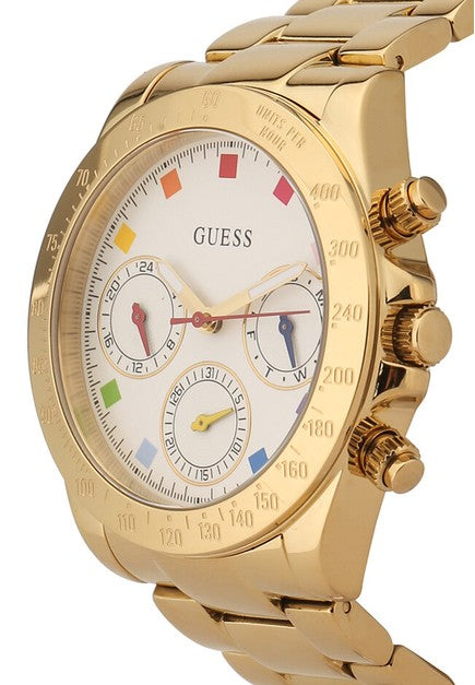 Guess gold chronograph watch at angle showing multi-colored subdials and gold pushers