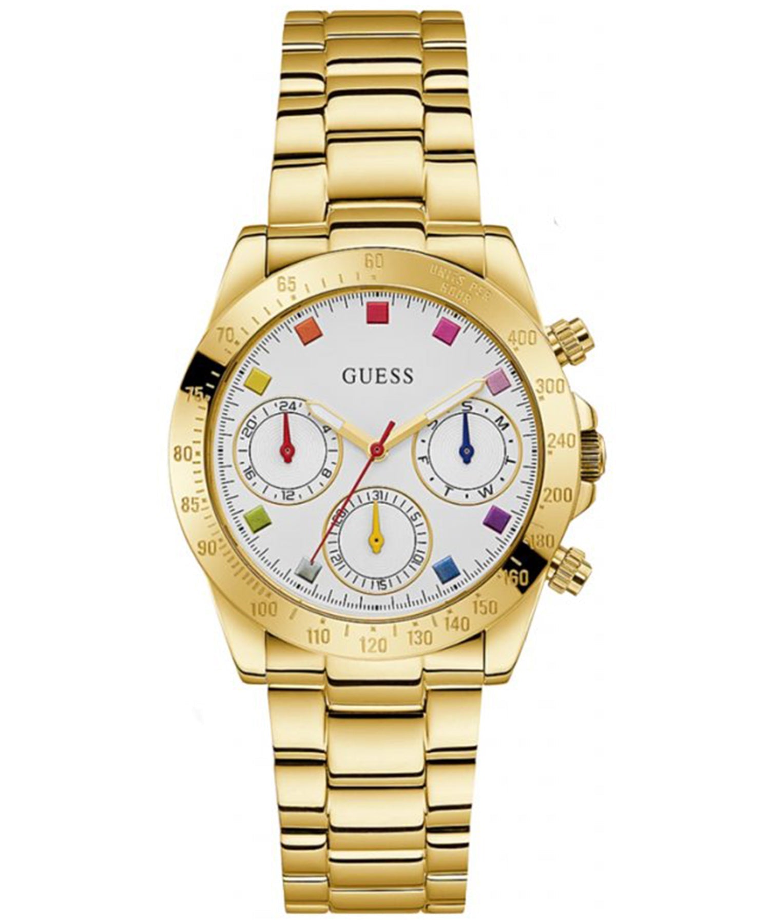 Guess gold chronograph watch with white multi-dial face and matching gold bracelet