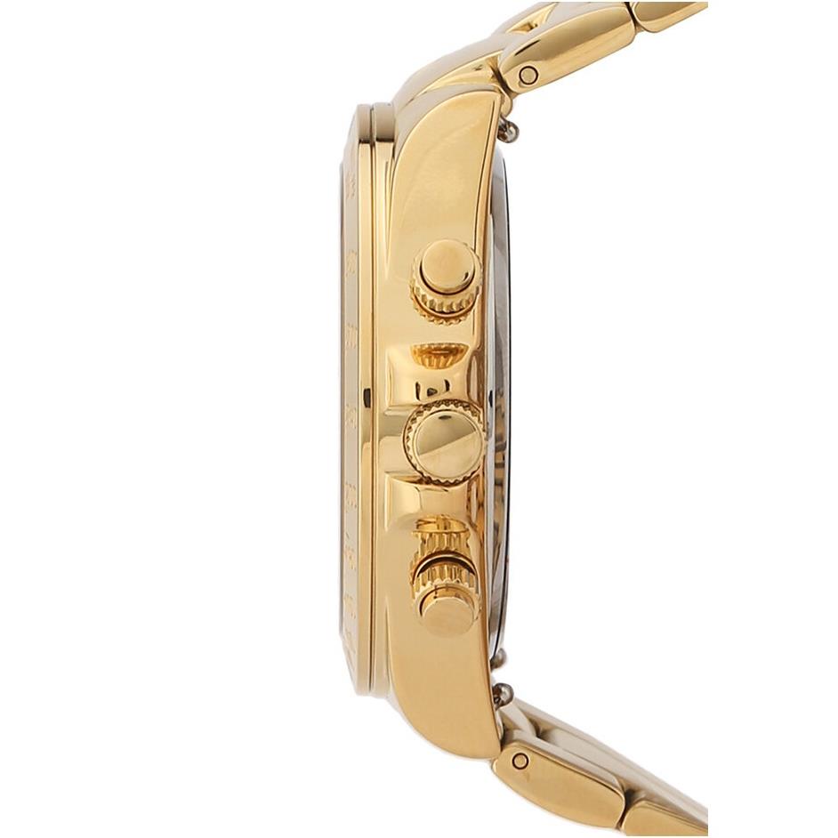 Guess gold chronograph watch side view showing case profile and gold pushers