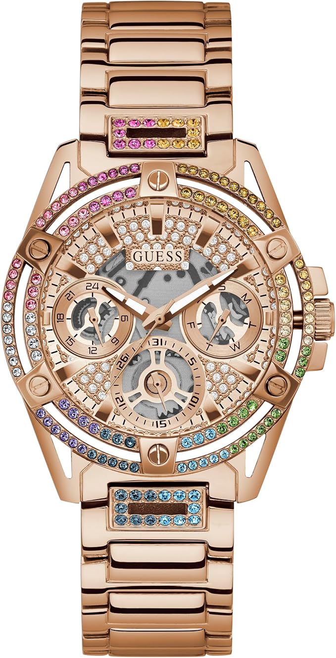 Guess rose gold tone multi-function ladies watch with crystal-set bezel and bracelet strap