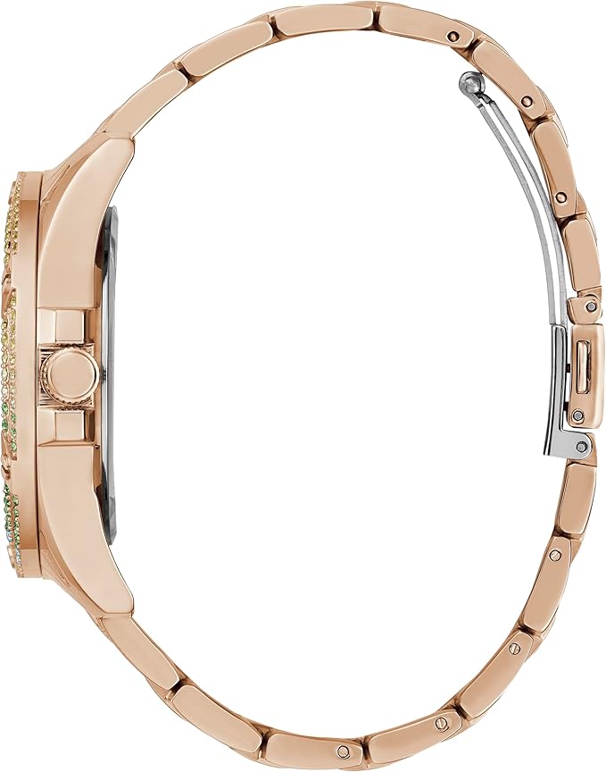 Side profile of Guess rose gold tone ladies watch showing case depth and bracelet
