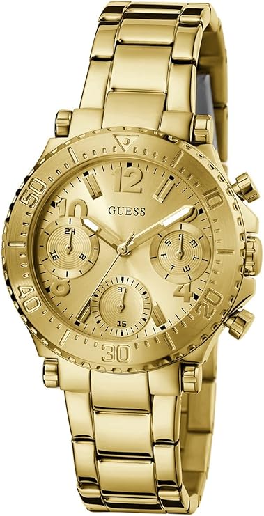 Angled view of gold chronograph women's watch with cream dial and link bracelet