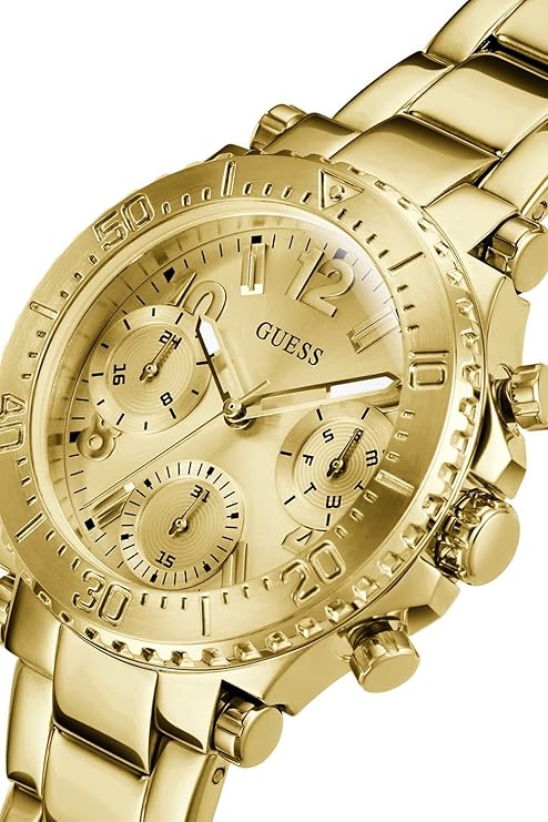 Close-up of cream chronograph dial with multiple subdials and gold applied indices