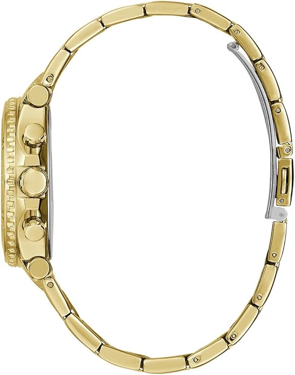 Side view of gold link bracelet on Guess women's chronograph watch