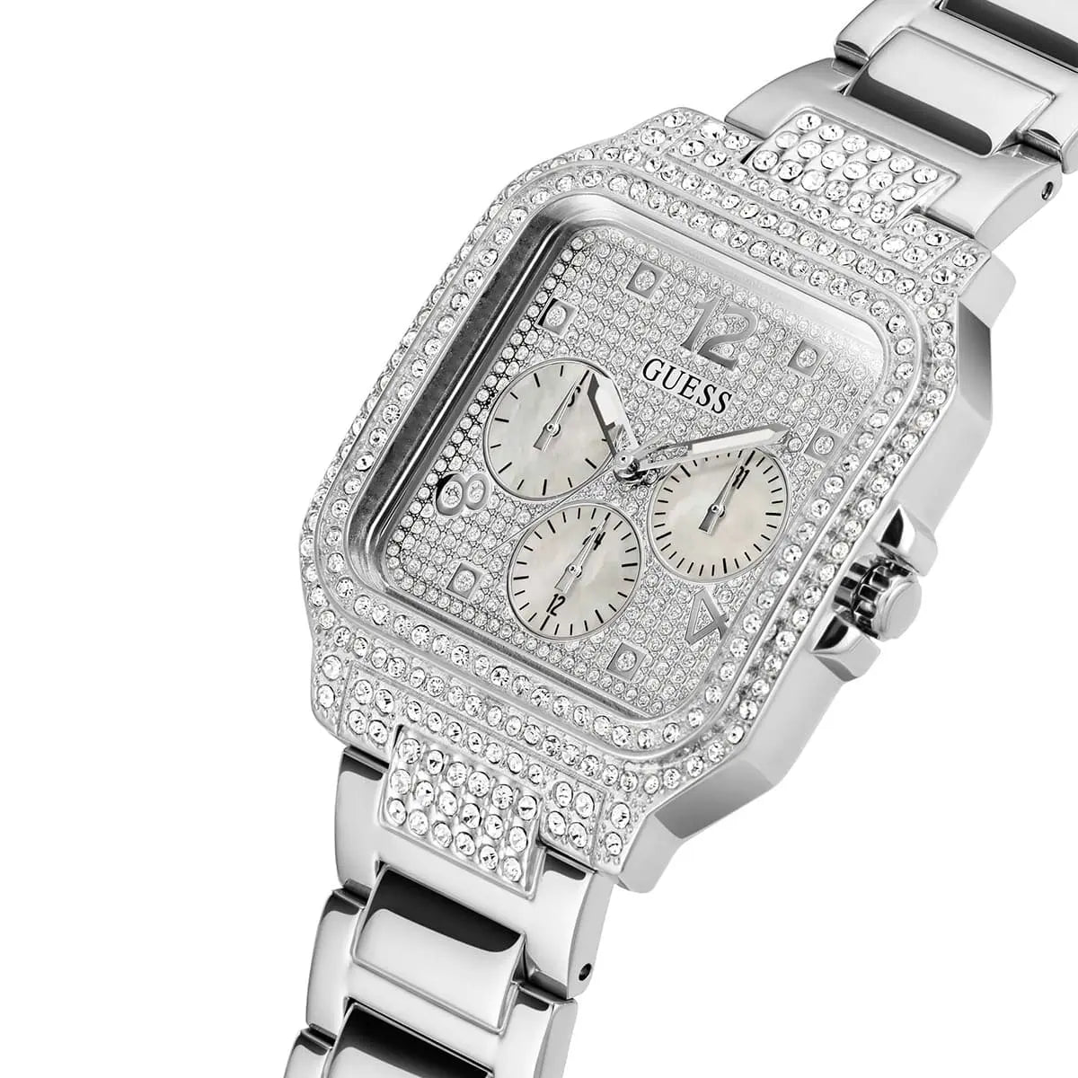 Guess GW0472L1 watch angled view displaying square case with crystal bezel and subdial chronograph functions