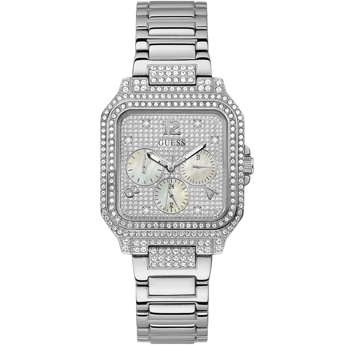 Guess GW0472L1 women's watch front view showing silver crystal-studded dial and steel bracelet