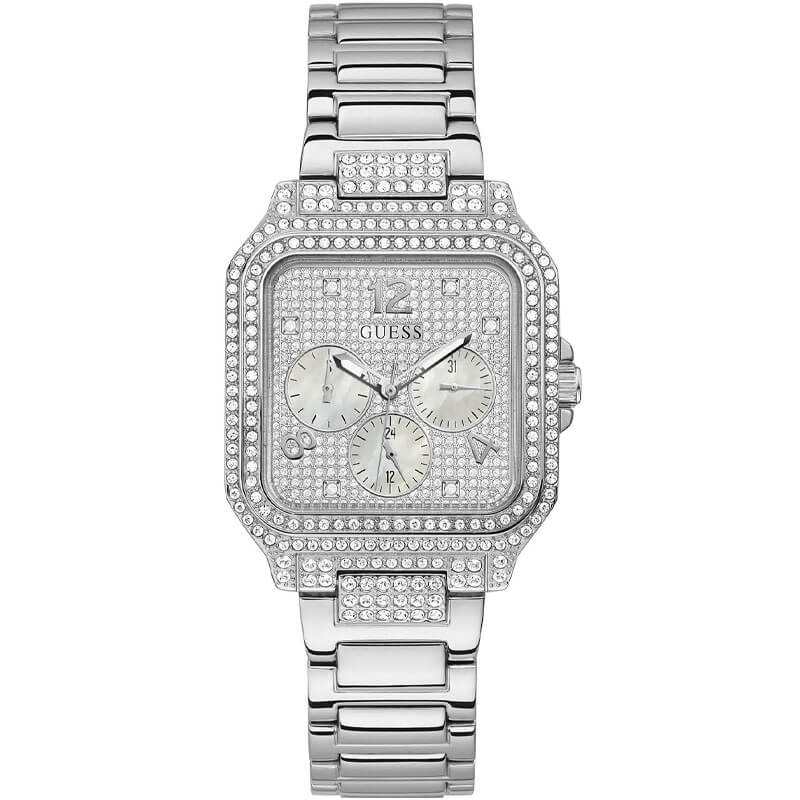 Guess GW0472L1 multifunction quartz watch with square silver dial, crystal bezel, and silver steel bracelet